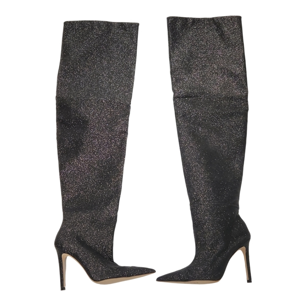 Good American Boots Women Sz 6 Blck Glitter Thigh Kardashian GA173G-X $349